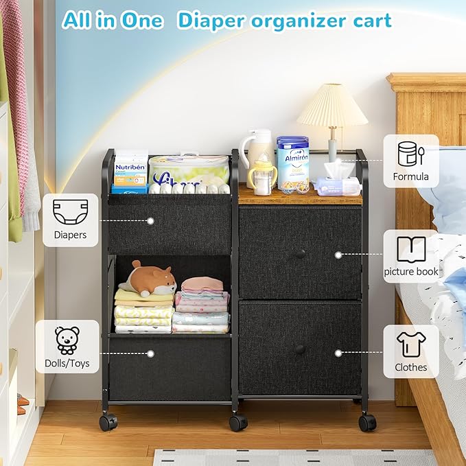 Baby Diaper Caddy Organizer Cart, Bedside Cart for Baby Essentials, Newborn Rolling Ulitity Cart with Drawers and Wheels, Baby Organizers and Storage for Bedroom, Living Room, Bathroom