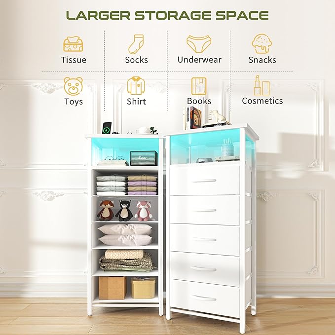 Yoobure 5 Drawers Dresser for Bedroom, Tall Nightstand with Charging Station, Fabric Dresser for Closet with Storage Shelf, Vertical Dressers Chest LED Night Stand, Bedside Table for Dorm Living Room