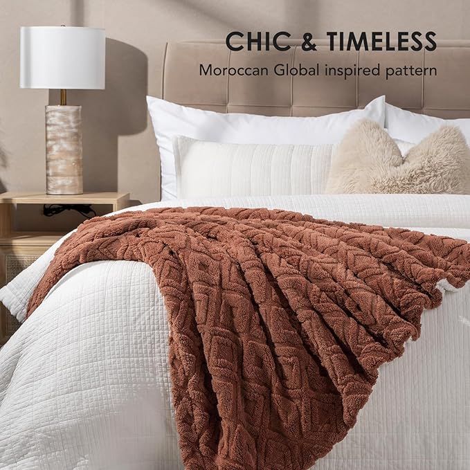 EverGrace Jacquard Boho Sherpa Fleece Throw Blanket for Couch, Super Soft Cozy Fuzzy Plush Blankets for All Seasons, Reversible Thick Warm Blanket for Bed, Sofa, Living Room, Terracotta, 60" x 80"