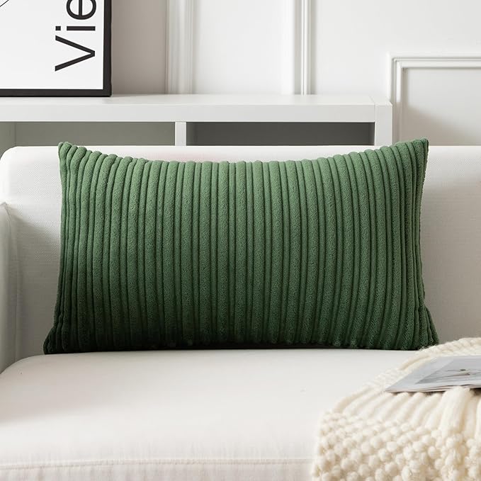 UGASA Velvet 12x20 Inch Lumbar Soft Throw Pillow Covers Decorative Corduroy Striped Both Sides Solid Rectangular Cushion Cases Boho Farmhouse for Couch Bedroom Sofa Home, Pack of 2, Moss Green