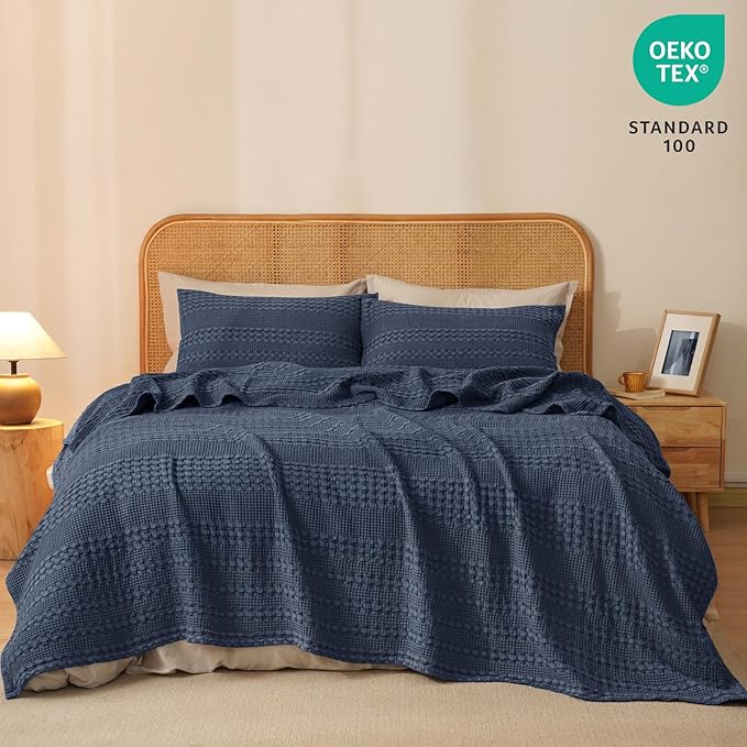 PHF 100% Cotton Waffle Weave Blanket King Size for Bed, Soft Lightweight & Breathable for Spring and Summer, All-Season Comfort, Luxury Aesthetic Blanket for Home Decor, 108"x90", Indigo