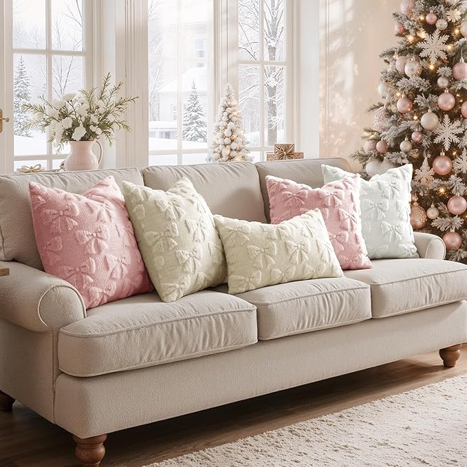 MIULEE Cream White Bow Pillow Covers Coquette Room Decor Aesthetic Set of 2 Spring Decorative Cute Girl Soft Plush Faux Pillowcase for Preppy Room Decor Bedroom Couch,12x20 Inch