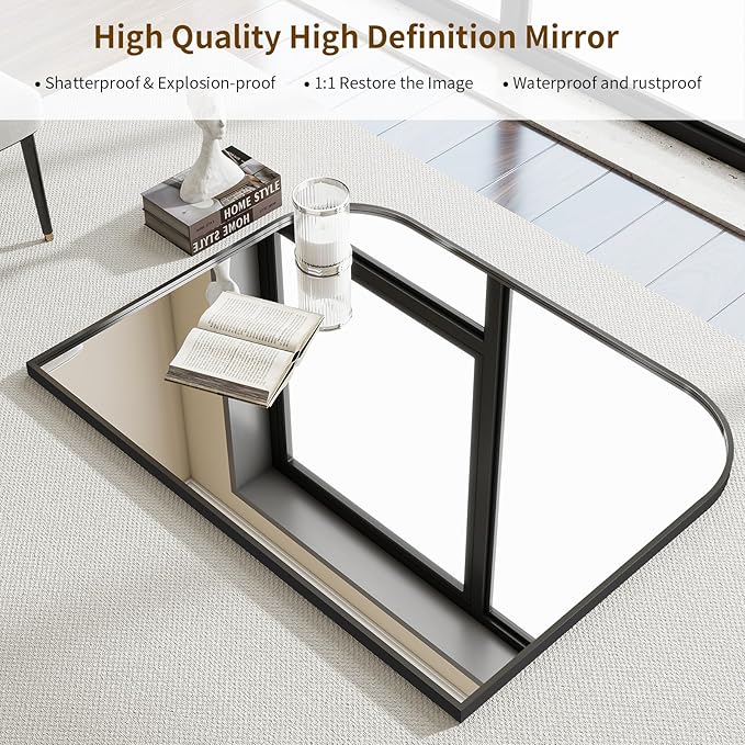 Black Wall Mounted Bathroom Mirror - 48 x 30 Inch Round Cruved Top Right Angle Bottom Wall Mirror, Aluminum Metal Framed, Decor for Living Room, Bedroom, Fireplace, Mantle, Entryway