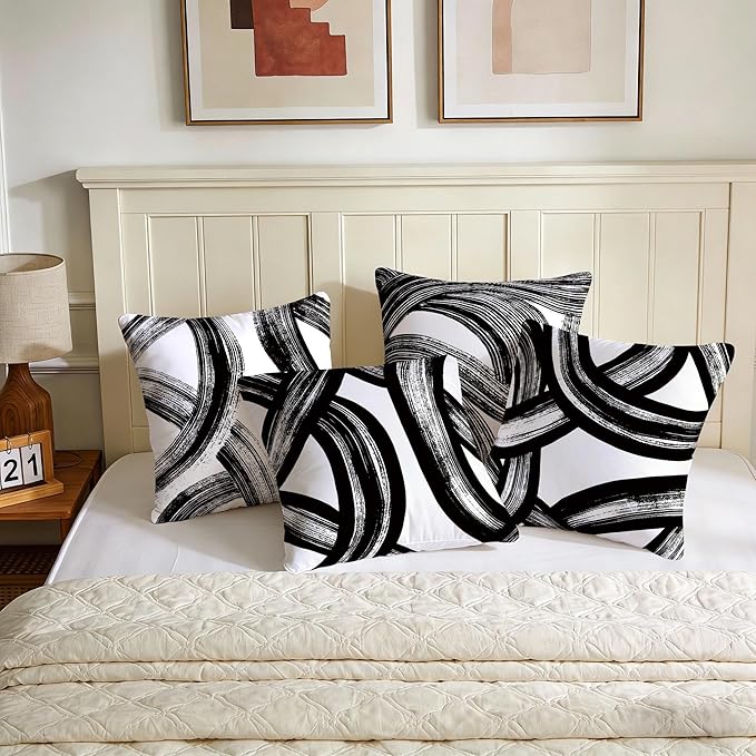 Black and White Abstract Striped Throw Pillow Covers 18x18 Set of 4, Modern Art Boho Lines Decorative Square Pillow Cases for Farmhouse Living Room Sofa Bed Couch, Spring Easter Minimalist Home Decor