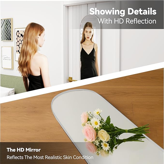57x16 Door Hanging Full Length Mirror, Floor Stand (Height 5.7ft just Body in1.3ft) / Wall Mounted Metal Frame Arch Dressing Mirrors for Bedroom Living Room 57 inch Silver
