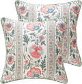 ISAENNE Design Square Retro Elegance Linen Throw Pillow Covers 18"x18" Pack of 2, Green Pink Floral Pattern Cushion Covers Decor Pillowcases for Bed,Living Room,Outdoor,Car