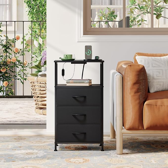 Somdot Black Nightstand with Charging Station and LED Light for Bedroom, Tall 3 Drawers Dresser with Fabric Bins for Bedside Kids Dorm Room Closet Laundry Entryway, Black