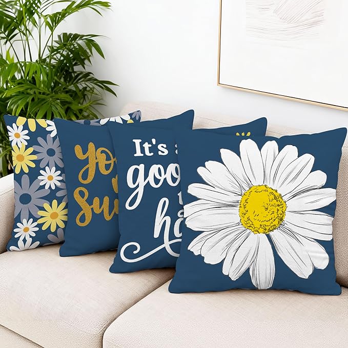 Hexagram Spring Summer Pillow Covers 16x16 Set of 4, Outdoor Floral Daisy Decorative Navy Blue Throw Pillow Covers, You are My Sunshine Farmhouse Cushion Case for Couch Sofa Indoor Decor(No Insert)