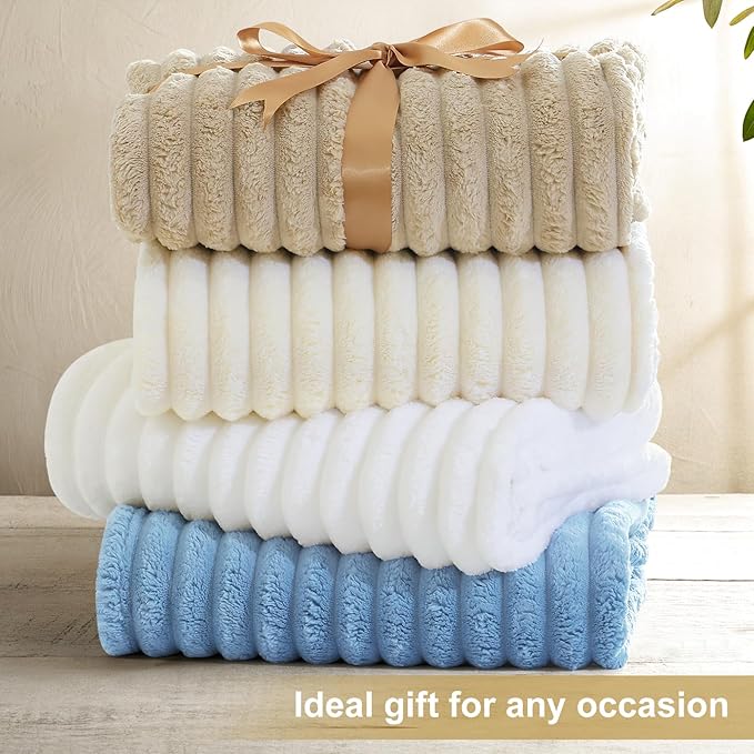 decorUhome Soft Fleece Blue Blanket Queen Size for Bed, Cozy Fluffy Plush Flannel Large Striped Throws for Couch Sofa, Lightweight Decorative Fuzzy Blanket for Woman, 90x90 Inches