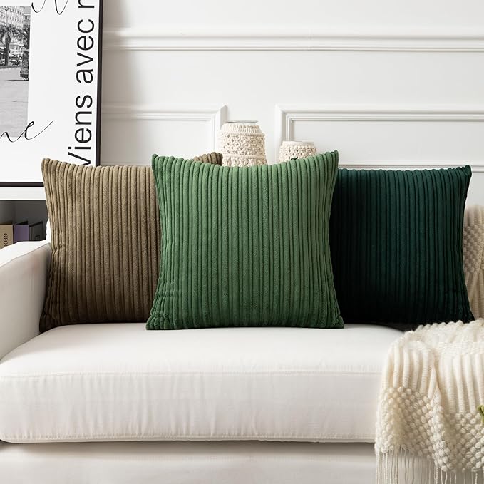 UGASA Velvet 16x16 Inch Soft Throw Pillow Covers Decorative Corduroy Striped Both Sides Solid Square Cushion Cases Boho Farmhouse for Couch Bedroom Sofa Home, Pack of 2, Moss Green