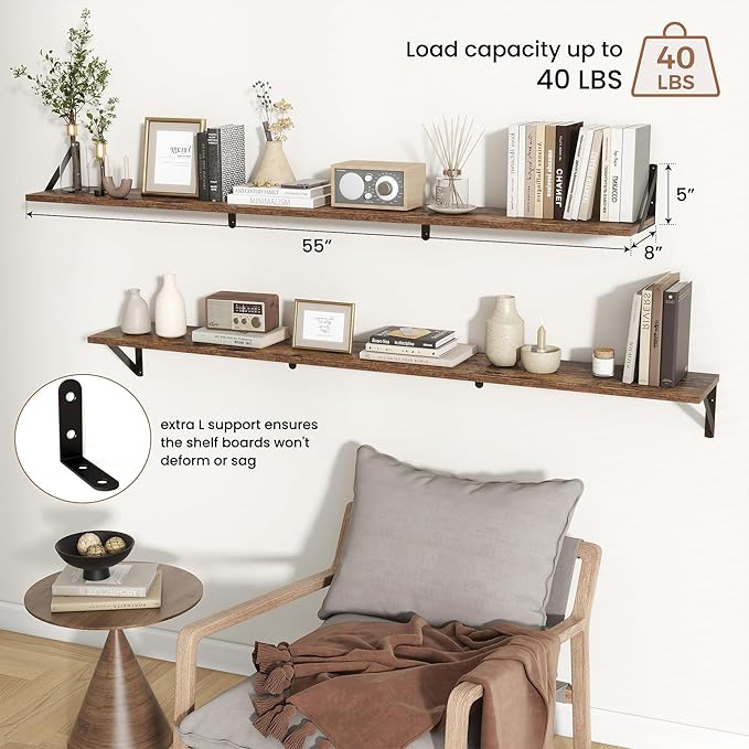 Axeman 55 Inch Floating Shelves | 8 Inch Deep Brown Wall Shelves Set of 2 | 55" W x 8" D Rustic Brown Wood Shelves for Bathroom Kitchen Living Room