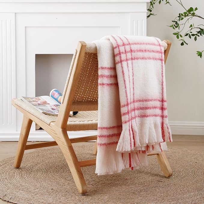 BATTILO Cream Plaid Throw Blanket for Couch Bed, Farmhouse Mohair Blankets Throws, Soft Cashmere Tartan Plaid Throws, Red Christmas Stripe Throw Blankets for Home Decor(50"x60")