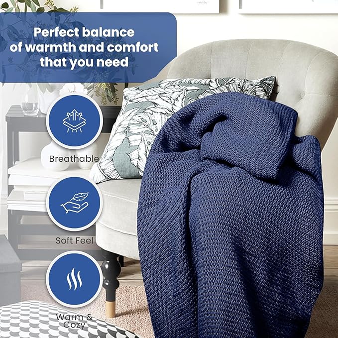 Linteum Textile Supply Leno Weave Navy Blue Blanket, Twin 100% Cotton, Lightweight, Warm, Fluffy, Premium and Durable Soft & Cozy Bed Blanket for Home, Couch, Sofa & Dorm, All Season Throw [66x90]