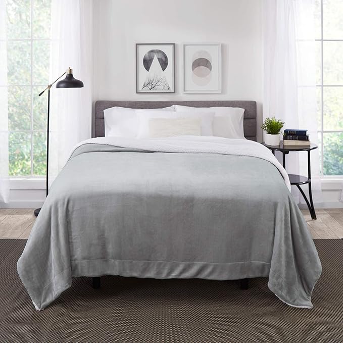 Genteele Sherpa Throw Blanket Super Soft Reversible Ultra Luxurious Plush Blanket, 102 x 90 inches, Silver/White