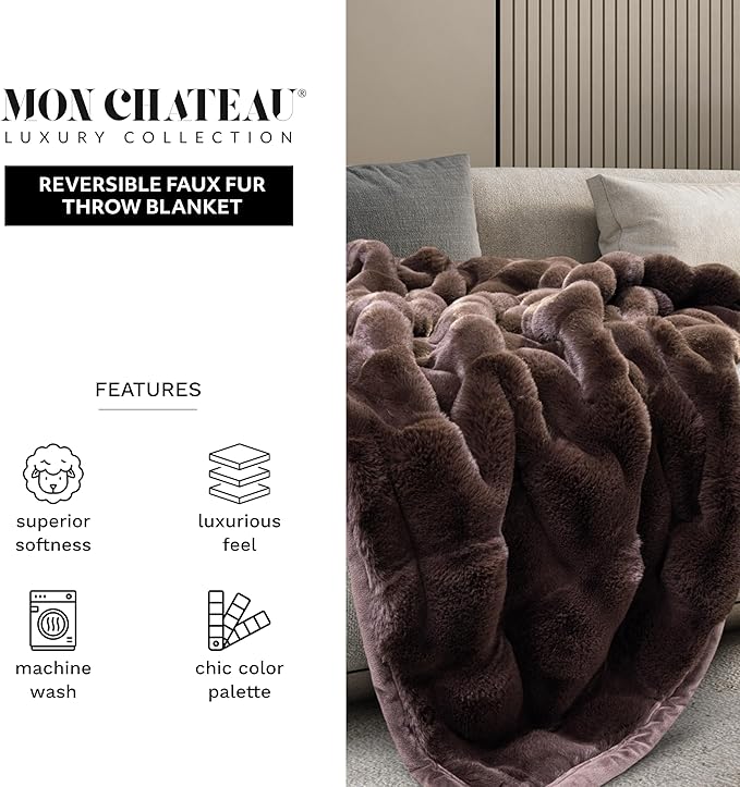 Mon Chateau 60" x 70" Hearthside Faux Fur Throw Blanket, Reversible Soft Blanket for Queen-Size Bed, Couch, or Sofa, Cozy Home Decor and Stylish Living Room Comfort, Winter Cream (Chestnut Square)