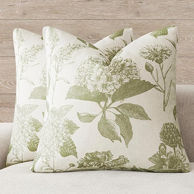 Foindtower Set of 2 Linen Floral Throw Pillow Covers Vintage Accent Print Decorative Cozy Cushion Covers Farmhouse Boho Home Decor for Sofa Chair Couch Bedroom Living Room,20×20 Inch,Light Green