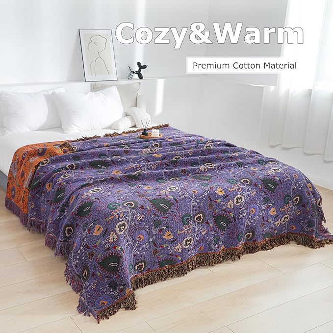Boho Throw Blanket for Bed 100% Cotton Soft Lightweight Quilt Home Livingroom Decor Purple Spring Bed Blanket,Floral Embroidery Reversible All Season Breathable Blankets for Sofa Couch Chair 80"x90"