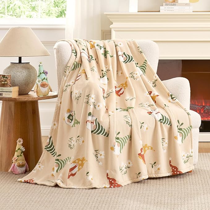 Cozy Bliss Gnome Spring Throw Blanket - Garden Daisy Floral Design, Warm MilkyPlush Throw Blankets, Ultra Soft Cozy Blankets for Couch, Sofa and Bed, Beige, 60X80inches
