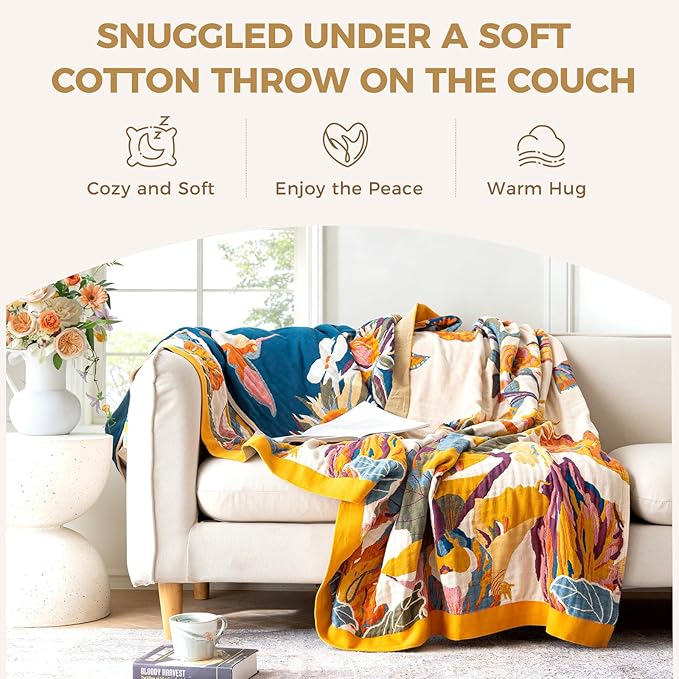 Boho Throw Blanket for Couch 100% Cotton Soft Breathable Butterfly and Floral Double Embroidery Spring Throw Blanket,50"x60" All Season Reversible Throws for Sofa Chair Bohemian Decor for Livingroom