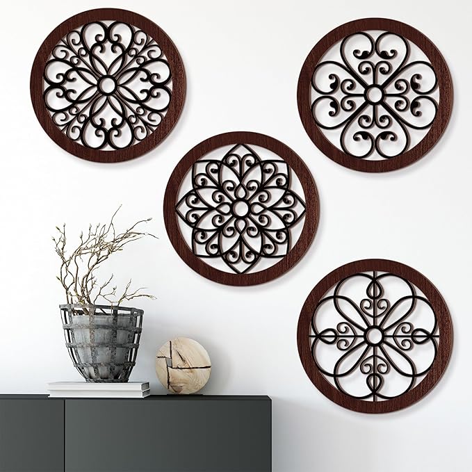 Yulejo 4 Pcs Thicken Rustic Wall Decor Farmhouse Kitchen Wall Round Art Wooden Hollow Carved Design Rustic Art for Living Room Bedroom Hallway Decor (15.7 x 15.7 Inch,Black, Brown)