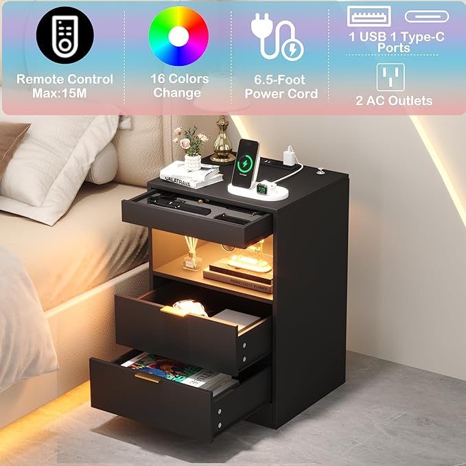 Yusong Night Stand with Gun Drawer & Invisible Lock, Bedside Table, LED Nightstand with Charging Station, Modern Night Stand, Wood Sofa Couch End Side Table with 2 Pull-Out Shelf, Black