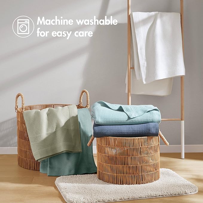 Madison Park 100% Egyptian Cotton Lightweight Summer Blanket, Breathable Waffle Knit Design, Soft Cozy All-Season Throw for Bed, Couch or Sofa, Sage Green King Size (108"x90")