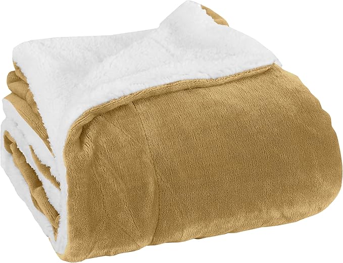 Elegant Comfort Luxury Ultra-Plush Velvet Touch Fleece Throw Soft, Warm, Cozy| Micromink Sherpa-Backing Reversible Blanket for Bed, Sofa and Couch, Solid Gold