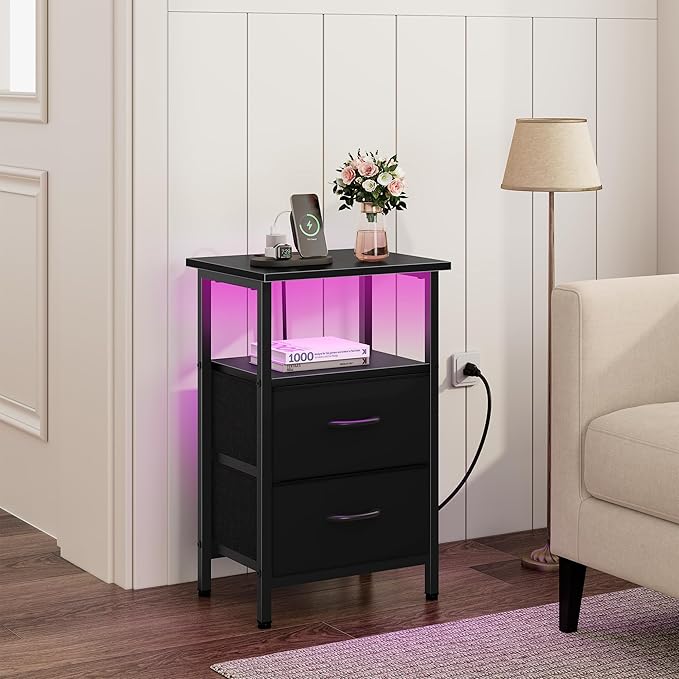Vagusicc NightStand with Charger Station, LED Night Stand with 2 Fabric Drawers & Storage Shelf, Small Nightstands Bedside Table with USB Ports & Outlets, 24.2" Tall Bed Side Tables for Bedroom, Black
