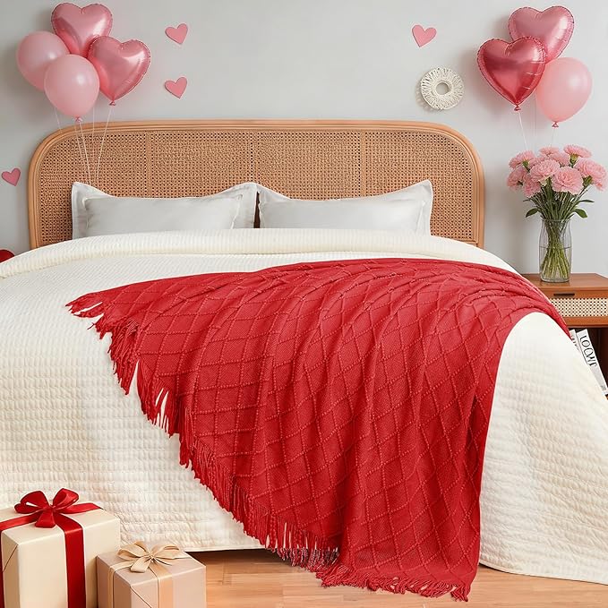 inhand Red Knitted Throw Blanket for Couch Bed, Mothers Day/Mom Birthday Gifts for Mom from Daughter Son, Soft Lightweight with Tassels, Farmhouse Warm Decorative Blanket for Women, 50"x60"