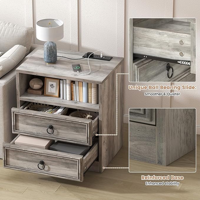 Farmhouse Nightstand with Charging Station, 21.7" Wide End Table with 2 Drawers & Open Compartment, Grey Wood Side Table, Bedside Table for Bedroom, Living Room, Sofa