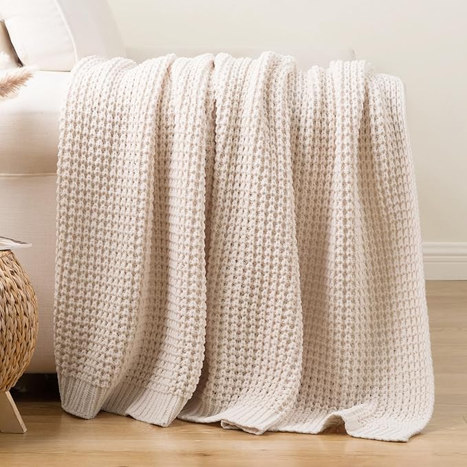 Bunnikins & Clover Cream White Throw Blanket for Couch, Waffle Ivory Throw Blanket for Bed, Warm Decorative White Blanket Throw for Home Decor, 60"x80"