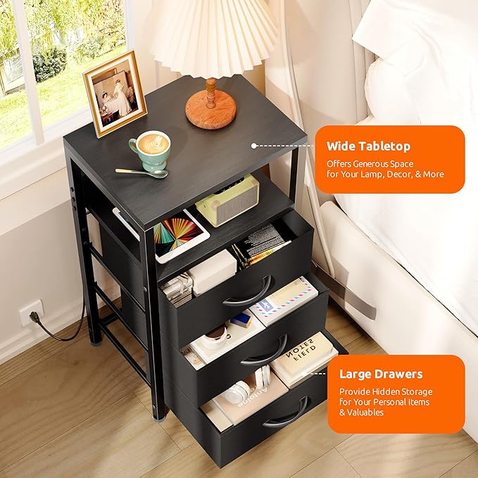 NightStand Bedside Charging Table Bedroom - Night Stand with Charger Station, Black Modern Bed Side End Table with Open Shelf & 3 Fabric Drawers, USB-C Port for Dorm, Living Room