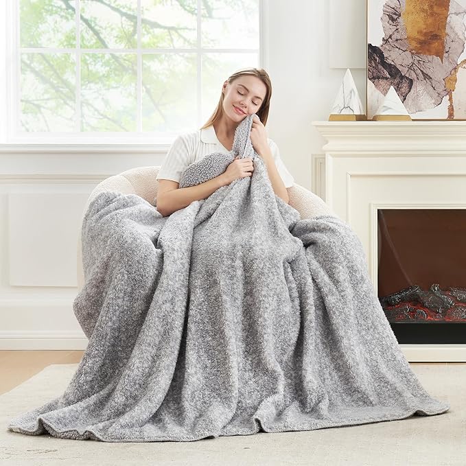 Cozy Bliss Luxury Sherpa Throw Blanket for Couch, Premium Reversible Plush Thick Throw, Warm Cozy Soft Blanket for Home and Gifts (Mottled Grey, 60" x 80")