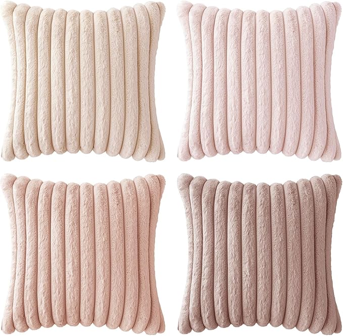 MIULEE Faux Fur Plush Decorative Throw Pillow Covers 18x18 Set of 4, Valentine's Day Cute Modern Soft Romantic Fuzzy Striped Cushion Covers Girl for Sofa Couch Bed Living Room Cozy Home Decor,Pink