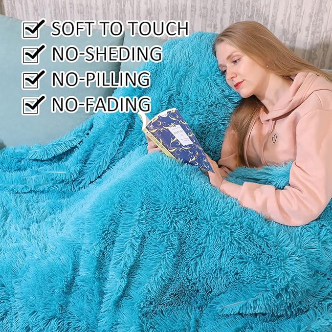 YUSOKI Long Faux Fur Twin Size Blanket,2 Layers,3.4lb for Bed Couch Home Décor Gifts Women (Teal,60" x 80")