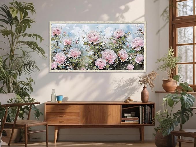 Ardemy Pink Rose Wall Art Canvas for Living Room, Flower Painting Modern Textured Floral Bedroom Picture Artwork Framed Home Office Kitchen Decor, Large 40"x20"