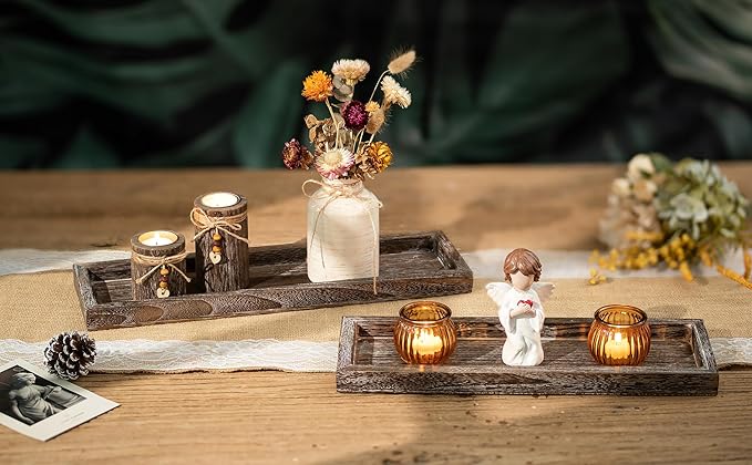 Romadedi Rustic Decorative Wood Candle Tray - 15" Wooden Long Narrow Tray Candle Holder, Farmhouse Small Trays for Coffee Table Centerpieces Dining Room Kitchen Countertop Home Decor, Brown