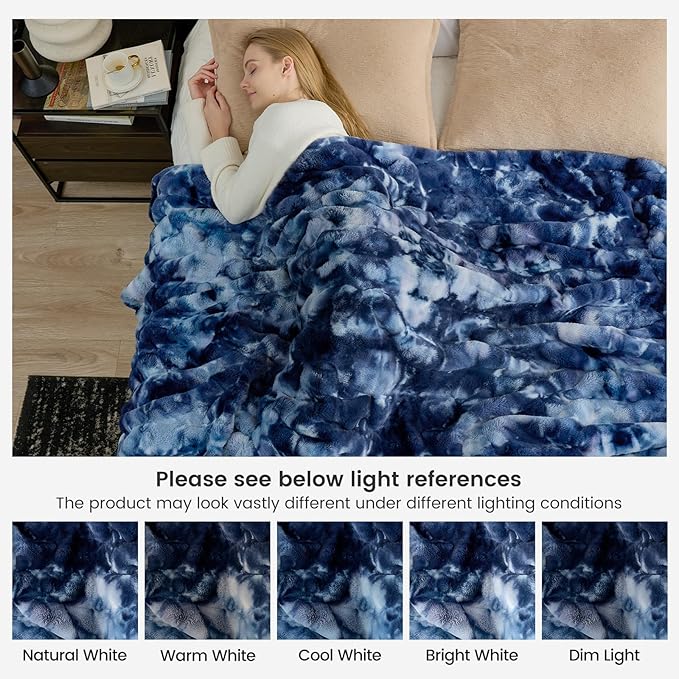 Cozy Bliss Deluxe Striped Rabbit Faux Fur Throw Blanket, Soft Fluffy Warm Plush Blanket for Winter, Modern Homr Decor, Tie-dye Blue 50"x60"