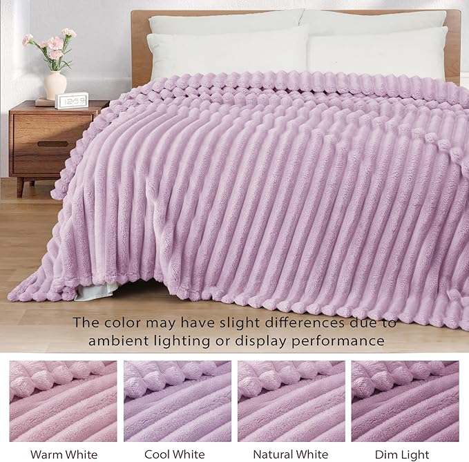 Exclusivo Mezcla Fleece Throw Blanket for Couch, Super Soft Striped Jacquard Bed Blanket, Lightweight Fuzzy Cozy for All Seasons, 50x60 Inches, Lilac Purple