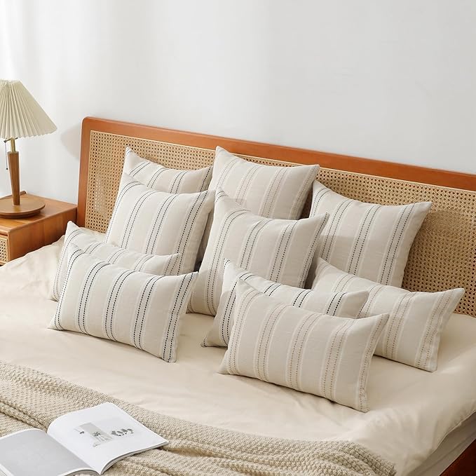 Hckot Throw Pillow Covers 16x16 Set of 2 Striped Pillow Covers Textured Linen Decorative Pillows Square Cushion Covers for Sofa Couch Bed Living Room Farmhouse Decor