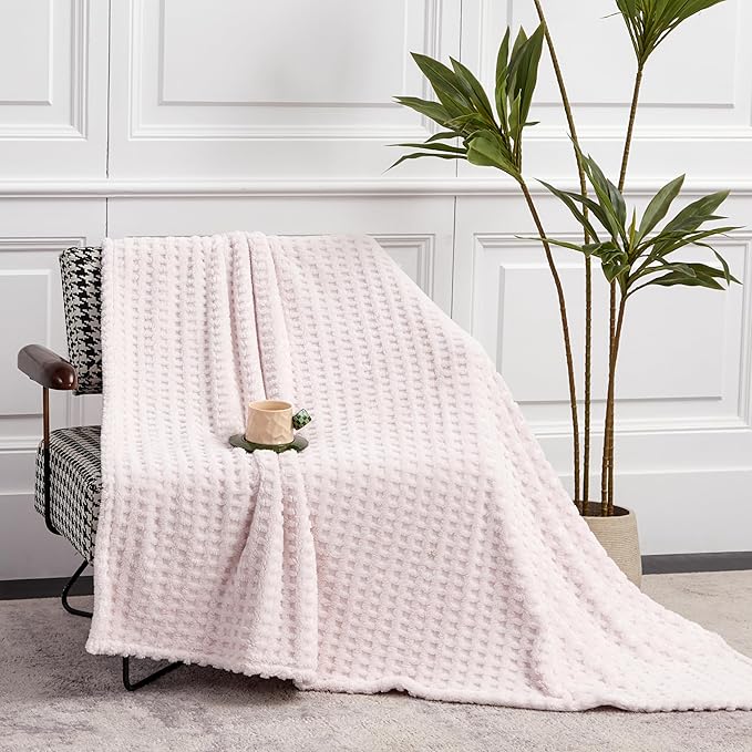Soft Cozy Fuzzy Fleece Queen Size Blanket, Waffle Light Pink, 90x90 Inches – Lightweight, Fluffy, and Warm 3D Jacquard All-Season Blanket for Bed, Couch, Sofa, Camping, and Travel