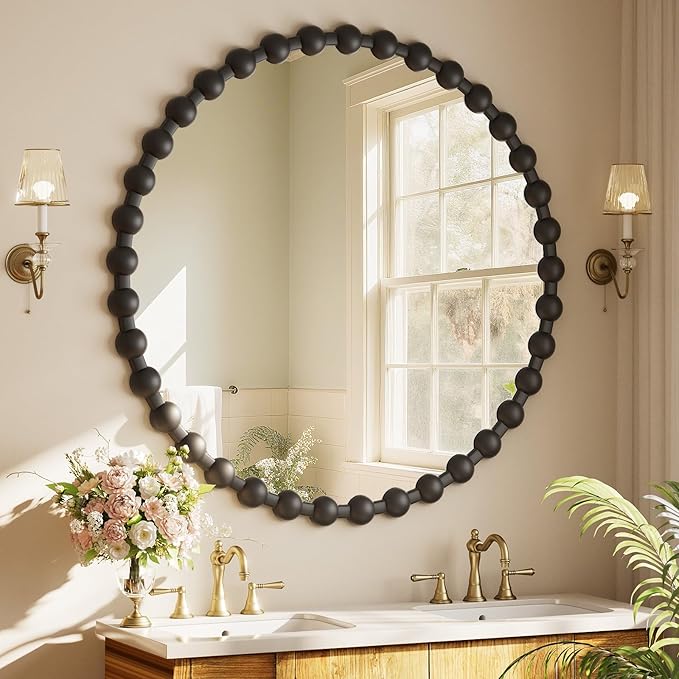 Round Mirror for Wall, 36 Inch Black Beaded Frame Decorative Vanity Mirror, Circle Bathroom Mirror with High-Definition Lense, Modern Wall Decor for Bathroom, Living Room, Bedroom, Entryway