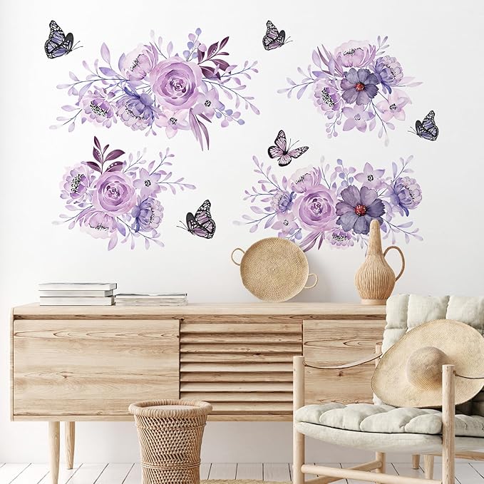 Zonon 6 Pcs Flowers Wall Decals Stickers Vinyl Removable Peel and Stick Colorful Dragonflies Floral Wall Murals Decor for Bedroom Living Room Nursery(Flower and Butterfly)