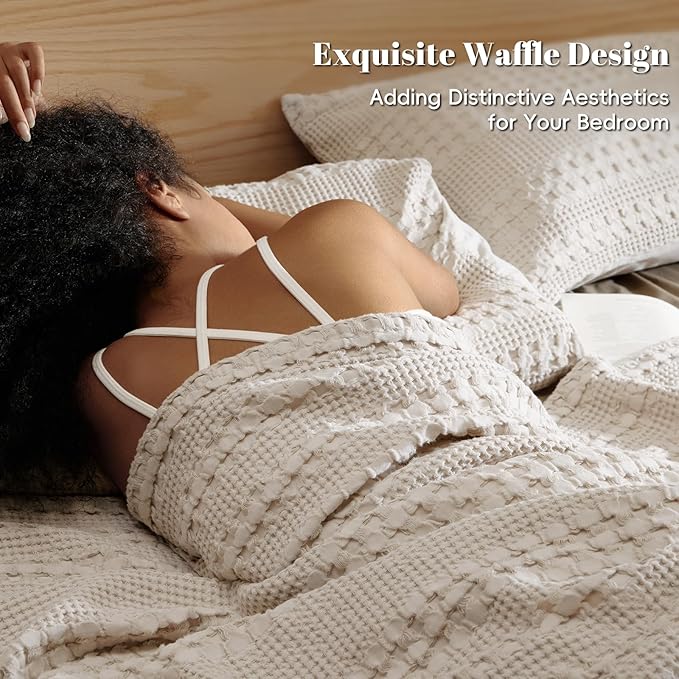 PHF 100% Cotton Waffle Weave Blanket Queen Size for Bed, Soft Lightweight & Breathable for Spring and Summer, All-Season Comfort, Luxury Aesthetic Blanket for Home Decor, 90"x90", Light Taupe/Oatmeal