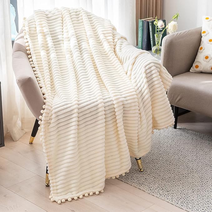 DISSA Fleece Blanket Twin Size – 60x80, Beige - Soft, Plush, Fluffy, Fuzzy, Warm, Cozy – Perfect Throw for Couch, Bed, Sofa - with Pompom Fringe - Flannel Blanket