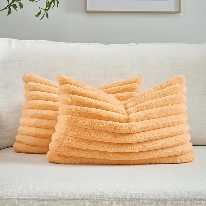 FUTEI Orange Decorative Throw Pillow Covers Set of 2, 12x20 Inch Soft Fluffy Faux Fur Plush Striped Lumbar Pillowcases, Modern Home Decor for Couch Bed Living Room