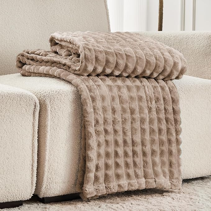 FY FIBER HOUSE Throw Blanket for Couch Soft Warm Fuzzy Blankets for Sofa All Season Use, 50x60 Inches, Camel