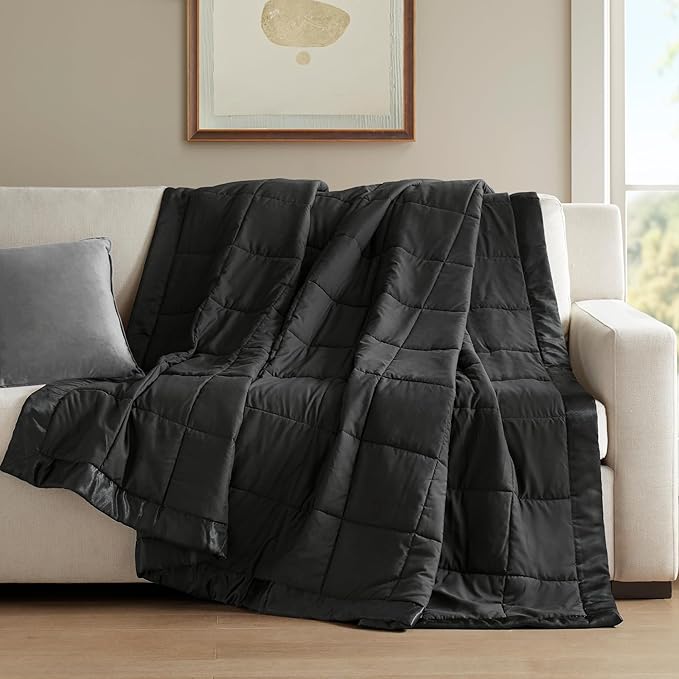 Madison Park Queen Size Blanket Ultra-Soft Microfiber Queen Size, Box Quilting with Satin Binding, All Season & Lightweight Queen Summer Blanket for Bed, Couch & Sofa, Full/Queen, Black