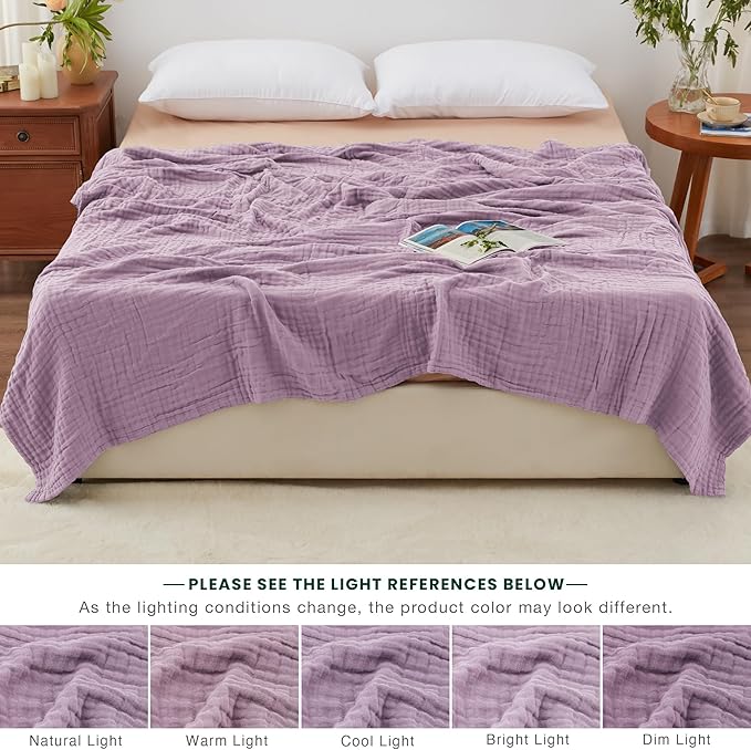 Love's cabin 100% Cotton Muslin Blanket, 6 Layer Lightweight Breathable Gauze King Size Blanket 108 x 90 Inches, Soft Summer Blanket for Bed, Lavender