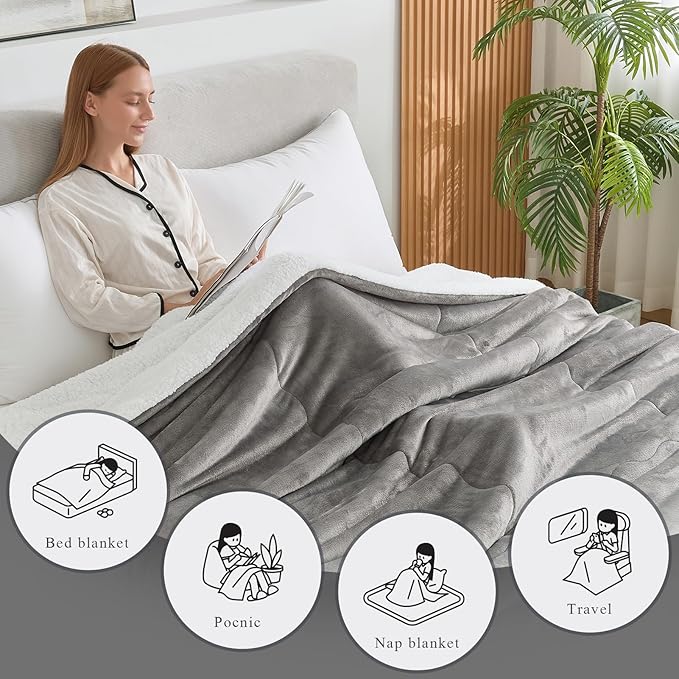 CHOSHOME Sherpa Fleece Blanket- Thick Warm Blanket for Winter, Soft Fuzzy Plush Blanket for Bed, Couch, Travel (Light Grey, Cal King 96" x 102")